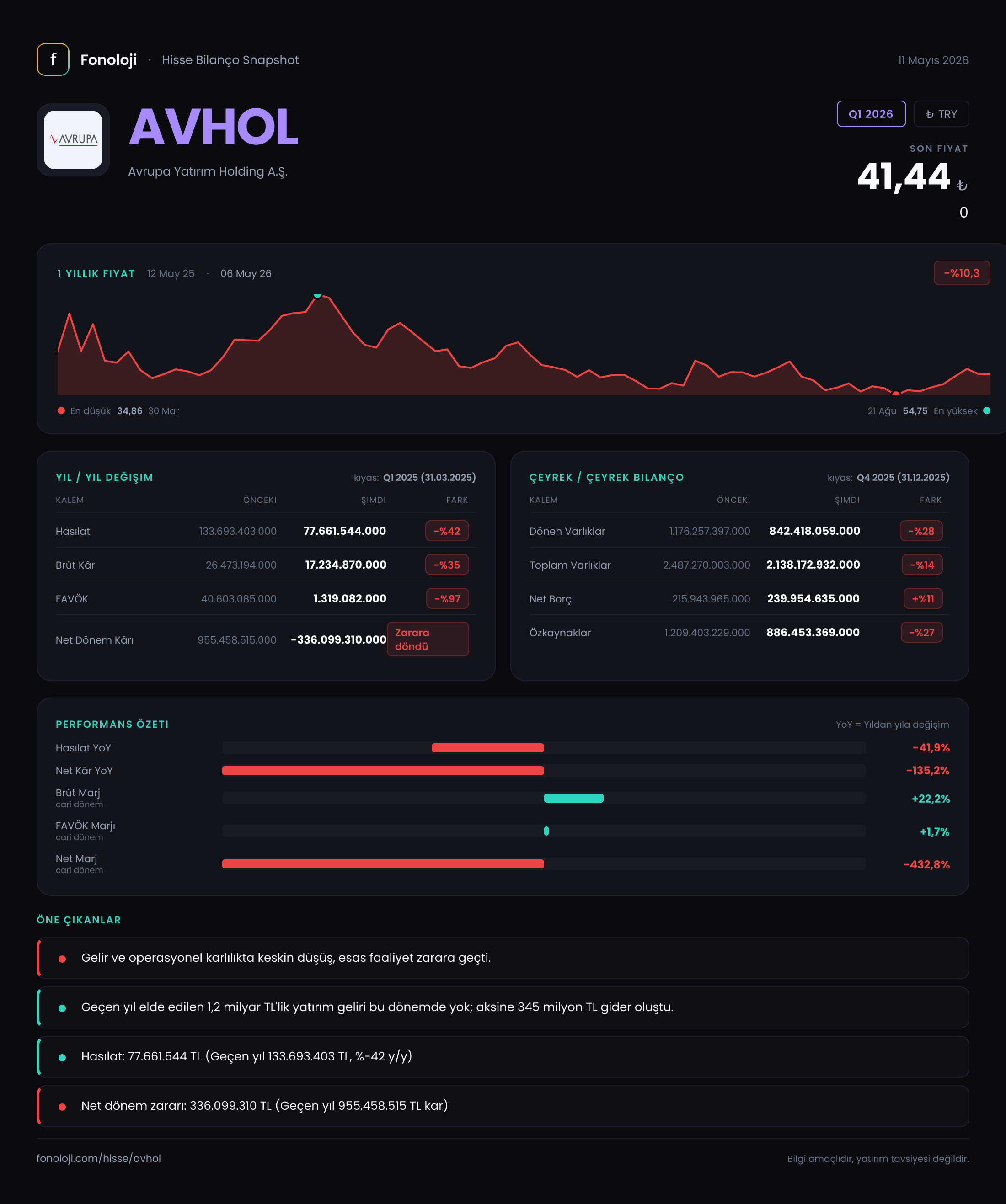 AVHOL Q1 2026 finansal rapor